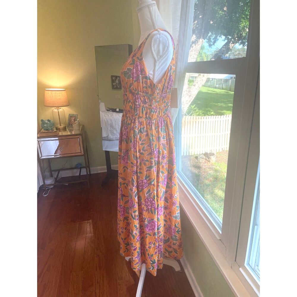 Boho Floral Smocked Cutout Maxi Dress V Neck Euro Summer Resort Quiet Luxury L - Picture 7 of 13